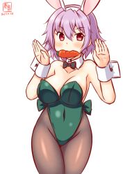 Rule 34 | 1girl, animal ears, blush, bow, bowtie, breasts, brown pantyhose, carrot, covered navel, detached collar, fake animal ears, food in mouth, green leotard, kanon (kurogane knights), kantai collection, large breasts, leotard, looking at viewer, one-hour drawing challenge, pantyhose, pink hair, playboy bunny, rabbit ears, red eyes, short hair, solo, strapless, strapless leotard, tama (kancolle), traditional bowtie, wrist cuffs