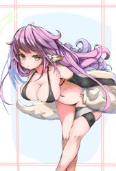 Rule 34 | 1girl, artist request, bikini, black bikini, breasts, bridal gauntlets, cleavage, commentary request, spiked halo, cross, halo, highres, jibril (no game no life), large breasts, leaning forward, long hair, looking at viewer, low wings, magic circle, multicolored hair, navel, no game no life, pink hair, solo, swimsuit, symbol-shaped pupils, very long hair, white wings, wing ears, wings, yellow eyes