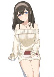 Rule 34 | 1girl, absurdres, bare shoulders, black hair, blue eyes, blush, book, dress, etsutsuni, hairband, highres, holding, holding book, idolmaster, idolmaster cinderella girls, jewelry, long hair, looking at viewer, necklace, off-shoulder dress, off shoulder, sagisawa fumika, simple background, sitting, sleeves past wrists, smile, solo, sweater, sweater dress, white background