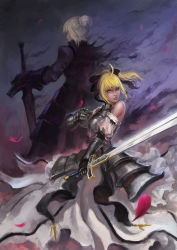 Rule 34 | 2girls, ahoge, armor, armored dress, artoria pendragon (fate), bare shoulders, blonde hair, bow, caliburn (fate), detached sleeves, dress, dual persona, excalibur morgan (fate), fate/stay night, fate/unlimited codes, fate (series), gauntlets, green eyes, hair bow, highres, karasu kame ex, ling0101, long hair, multiple girls, ponytail, saber (fate), saber alter, saber lily, sword, type-moon, weapon