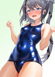 1girl alternate_costume black_ribbon blue_one-piece_swimsuit blush covered_navel dorachan_r embarrassed grey_eyes grey_hair hair_ornament hair_ribbon highres kantai_collection nose_blush one-piece_swimsuit open_mouth ribbon scamp_(kancolle) school_swimsuit side_ponytail solo star_(symbol) star_hair_ornament swimsuit