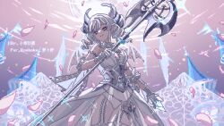 Rule 34 | 1girl, animated, animated gif, artist name, breasts, building, commentary, commission, commissioner name, cowboy shot, demon girl, demon horns, demon wings, dress, duel monster, falling petals, garter straps, gloves, grey eyes, highres, holding, holding polearm, holding weapon, horns, large breasts, looking at viewer, lovely labrynth of the silver castle, petals, pixel art, pointy ears, polearm, revealing clothes, solo, sparkle, spire, strapless, strapless dress, transparent wings, weapon, white dress, white garter straps, white gloves, white hair, wings, winking (animated), xiaohan chulin, yu-gi-oh!