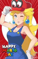 Rule 34 | 1girl, blonde hair, blue eyes, breasts, cappy (mario), cleavage, cosplay, highres, large breasts, lipstick, long hair, looking at viewer, makeup, mario (cosplay), mario (series), mario day, nintendo, one eye closed, overalls, parted lips, pink lips, princess, princess peach, sarukaiwolf, smile, solo, super mario odyssey, wink