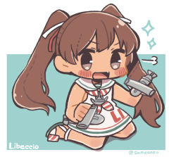 Rule 34 | 10s, 1girl, :d, brown hair, dark-skinned female, dark skin, dress, fang, hair ribbon, kantai collection, libeccio (kancolle), open mouth, ribbon, sailor dress, same anko, school uniform, simple background, sleeveless, smile, solo, sparkle, twintails, twitter username