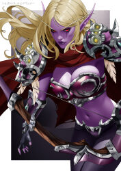 Rule 34 | 1girl, absurdres, armor, blonde hair, bow (weapon), breasts, cleavage, colored skin, elf, elolaillustrator, high elf (warcraft), highres, large breasts, long hair, metal bra, navel, pauldrons, pointy ears, purple skin, red eyes, red scarf, scarf, shoulder armor, solo, standing, sylvanas windrunner, warcraft, weapon, world of warcraft
