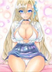 Rule 34 | 1girl, arms behind back, asuna (blue archive), black choker, blonde hair, blue archive, blue eyes, blue ribbon, blue skirt, breasts, choker, cleavage, collarbone, cowboy shot, crossed legs, dot nose, forehead, frilled skirt, frills, grin, hair ornament, hair ribbon, large breasts, long hair, looking at viewer, mole, mole on breast, nightmare77zx, open clothes, open mouth, open shirt, panties, pantyshot, parted bangs, ribbon, shirt, sitting, skirt, smile, solo, teeth, thighs, traditional media, underwear, uniform, very long hair, white panties, white shirt