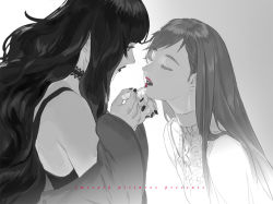 Rule 34 | 2girls, applying makeup, bare shoulders, black choker, black hair, black lips, black nails, choker, closed eyes, cosmetics, emmmerald, facing another, final fantasy, final fantasy xiv, from side, gaia (ff14), gradient background, grey background, greyscale, holding, holding lipstick tube, hyur, lace-trimmed choker, lace trim, lipstick tube, long hair, looking at another, monochrome, multiple girls, nail polish, open mouth, ryne waters, spot color, square enix, swept bangs, upper body, wavy hair, wide sleeves