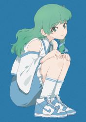 Rule 34 | 1girl, bare shoulders, blue background, blue footwear, blue shorts, blush, breasts, closed mouth, collared shirt, commentary request, detached sleeves, fingernails, frills, frog hair ornament, green eyes, green hair, hair ornament, hair tubes, hands on own knees, hands up, highres, kochiya sanae, long hair, long sleeves, looking at viewer, medium breasts, nike (company), nike dunk, shiratama (hockey), shirt, shoes, shorts, simple background, sitting, smile, snake hair ornament, sneakers, socks, solo, touhou, white footwear, white shirt, white socks, wide sleeves