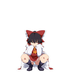 1girl ascot black_footwear black_hair black_socks bow brown_eyes buri_hamachi commentary_request detached_sleeves full_body hair_bow hakurei_reimu magukappu orange_ascot panties partial_commentary red_bow red_skirt ribbon-trimmed_sleeves ribbon_trim sitting skirt skirt_set socks solo squatting touhou underwear white_panties