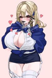 Rule 34 | 1girl, blonde hair, blue bow, blue bowtie, blue bra, blue jacket, blush, bow, bowtie, bra, bra peek, breasts, claw ring, cleavage, collared shirt, finger to mouth, goddess of victory: nikke, hair ornament, heart, highres, huge breasts, jacket, jewelry, long hair, looking at viewer, multiple rings, off-shoulder jacket, off shoulder, partially unbuttoned, pencil skirt, pink background, puffy sleeves, red eyes, ring, shirt, simple background, skindentation, skirt, sleeves past wrists, solo, thick thighs, thighhighs, thighs, tia (nikke), underwear, uniofthedead, white shirt, white thighhighs