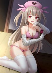 Rule 34 | 1girl, :d, bandaged arm, bandages, bare shoulders, blonde hair, bra, breasts, rabbit hair ornament, collarbone, commentary, dutch angle, fang, hair ornament, hat, heart, highres, indoors, kazenokaze, light particles, long hair, looking at viewer, medium breasts, natori sana, navel, nurse cap, open mouth, panties, pink bra, pink panties, red eyes, sana channel, side-tie panties, sitting, smile, solo, thighhighs, two side up, underwear, very long hair, virtual youtuber, white thighhighs, yokozuwari