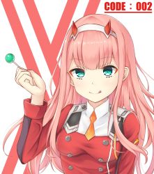 Rule 34 | 10s, 1girl, :q, blush, breasts, candy, closed mouth, commentary, darling in the franxx, dress, fingernails, food, green eyes, hand up, highres, holding, holding candy, holding food, holding lollipop, horns, lollipop, long hair, long sleeves, looking at viewer, medium breasts, necktie, orange necktie, pink hair, red dress, seventeen (st17215), short necktie, smile, solo, tongue, tongue out, very long hair, zero two (darling in the franxx)
