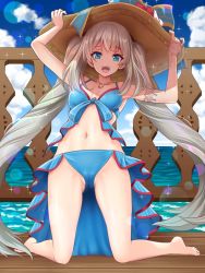 Rule 34 | 1girl, :d, armlet, bare shoulders, bikini, blue bikini, blue eyes, bow, breasts, day, fate/grand order, fate (series), frilled bikini, frills, full body, hat, hat bow, jewelry, kneeling, long hair, looking at viewer, marie antoinette (fate), marie antoinette (swimsuit caster) (third ascension) (fate), medium breasts, necklace, ocean, open mouth, outdoors, silver hair, smile, solo, sun hat, swimsuit, twintails, very long hair, youshuu