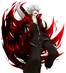 Rule 34 | 1boy, arc system works, black pants, blazblue, claws, collair (cono), devoured by darkness, hair over one eye, hakama, hakama pants, heterochromia, huge weapon, jacket, japanese clothes, male focus, open clothes, open jacket, open mouth, pants, ragna the bloodedge, red eyes, red jacket, reverse grip, short hair, silver hair, solo, sword, weapon