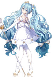 Rule 34 | &gt;:), 1girl, absurdres, bare shoulders, blue eyes, blue hair, boots, bow, chuor (chuochuoi), closed mouth, crown, detached sleeves, dress, elbow gloves, from side, full body, gloves, hair between eyes, hair bow, hatsune miku, head tilt, headset, high heel boots, high heels, highres, holding, holding staff, long hair, looking at viewer, looking to the side, mini crown, multiple hair bows, pantyhose, puffy short sleeves, puffy sleeves, reflection, scepter, short sleeves, simple background, sleeveless, sleeveless dress, smile, snowflakes, solo, staff, standing, striped, striped bow, twintails, v-shaped eyebrows, very long hair, vocaloid, white background, white bow, white dress, white footwear, white gloves, white pantyhose, yuki miku, yuki miku (2019) (candidate no.6)