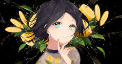 Rule 34 | 1girl, absurdres, black background, black hair, blue eyes, blush, collarbone, commentary request, fingernails, food, forehead, fruit, hand up, head tilt, highres, lemon, long hair, long sleeves, looking at viewer, multicolored eyes, nail polish, original, parted bangs, parted lips, portrait, see-through, shirt, sogawa, solo, water, yellow eyes, yellow nails