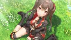 Rule 34 | 1girl, artist request, artwhirl mahou gakuen no otome-tachi, between legs, black bow, black bowtie, black footwear, black jacket, black skirt, black socks, blush, bow, bowtie, brown hair, closed mouth, day, finger to mouth, from above, game cg, grass, hair between eyes, hair ornament, hair scrunchie, hand between legs, index finger raised, jacket, knee pads, kneehighs, long hair, long sleeves, looking at viewer, marmoset (marmoset0), may (artwhirl), miniskirt, open clothes, open jacket, outdoors, plaid, plaid skirt, pleated skirt, red eyes, red scrunchie, scrunchie, shushing, sitting, skirt, smile, socks, solo, sunlight, sweater, twintails, very long hair, wariza