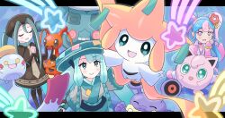 3girls arm_up black_hat blue_background blue_hair blush bronzong bug_miku_(project_voltage) chimecho closed_mouth creatures_(company) fairy_miku_(project_voltage) forte_(pixiv26247143) game_freak gen_1_pokemon gen_3_pokemon gen_4_pokemon happy hat hatsune_miku highres jigglypuff jirachi kricketune legendary_pokemon letterboxed long_sleeves loudred multicolored_hair multiple_girls mythical_pokemon nintendo own_hands_clasped own_hands_together pink_eyes pokemon pokemon_(creature) project_voltage reaching smile steel_miku_(project_voltage) twintails two-tone_hair vocaloid