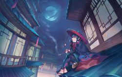 Rule 34 | 1girl, architecture, blue cape, blue hair, cape, cloud, cloudy sky, east asian architecture, from side, full moon, hair ornament, hairclip, hat, highres, holding, holding smoking pipe, kiseru, kohari (shichigatsu), moon, night, night sky, pants, parted lips, red eyes, red hat, rice hat, rooftop, sandals, shichigatsu, sitting, sky, smoke, smoking pipe, solo