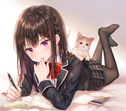 Rule 34 | 1girl, animal, bad id, bad twitter id, black jacket, black skirt, blazer, blush, book, bow, bowtie, braid, brown hair, brown pantyhose, cat, cellphone, finger to mouth, frown, highres, holding, holding pen, jacket, long hair, long sleeves, looking at viewer, lying, miniskirt, mole, mole under eye, no shoes, on stomach, original, pantyhose, parted lips, pen, phone, pleated skirt, purple eyes, school uniform, shirt, sidelocks, skirt, smartphone, solo, tokkyu, undershirt, v-shaped eyebrows, white shirt, wing collar