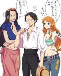 Rule 34 | 1boy, 2girls, ?, alternate costume, arm tattoo, black eyes, black hair, closed eyes, commentary request, eyewear on head, facial scar, hat, holding, holding clothes, holding hat, long hair, monkey d. luffy, multiple girls, nami (one piece), navel, nico robin, one piece, orange-tinted eyewear, orange hair, pentsu, scar, scar on cheek, scar on face, short hair, simple background, smile, speech bubble, straw hat, sunglasses, tattoo, teeth, tinted eyewear, translation request, unworn hat, unworn headwear, white background