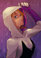 Rule 34 | 1girl, asymmetrical hair, blonde hair, blue eyes, bodysuit, breasts, commentary request, crying, crying with eyes open, eyebrow piercing, gwen stacy, highres, hood, hooded bodysuit, looking at viewer, marvel, medium breasts, outdoors, piercing, print bodysuit, rain, short hair, sidecut, signature, solo, spider-gwen, spider-man: across the spider-verse, spider-man: into the spider-verse, spider-man (series), spider-verse, spider web print, streaming tears, superhero costume, tears, undercut, upper body, yuenibushi