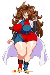 Rule 34 | 1girl, android 21, blue eyes, breasts, brown hair, bunkwizard, checkered clothes, checkered dress, dragon ball, dragon ball fighterz, dress, earrings, glasses, hair between eyes, hoop earrings, huge breasts, jewelry, lab coat, large breasts, long hair, looking at viewer, nail polish, plump, simple background, solo, standing, thick thighs, thighs, white background