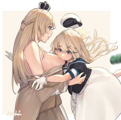 Rule 34 | 2girls, accidental touch, black neckerchief, blonde hair, blue eyes, blue sailor collar, blush, braid, breast sucking, breasts, corset, crown, dress, embarrassed, flower, french braid, fuwafuwatoufu, gloves, hair between eyes, hairband, hat, jervis (kancolle), kantai collection, large breasts, long hair, long sleeves, mini crown, multiple girls, neckerchief, off-shoulder dress, off shoulder, open mouth, peaked cap, red flower, red rose, ribbon, rose, sailor collar, sailor dress, sailor hat, short sleeves, simple background, upper body, warspite (kancolle), white background, white corset, white dress, white gloves, white headwear