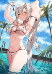 Rule 34 | 1girl, absurdres, armpits, arms up, azur lane, bikini, black choker, blue sky, blush, breasts, choker, closed mouth, commentary request, day, detached sleeves, drake (the golden hind&#039;s respite) (azur lane), high ponytail, highres, large breasts, light rays, long hair, long sleeves, looking at viewer, lows., multi-strapped bikini, navel, official alternate costume, outdoors, pool, pool ladder, see-through, see-through sleeves, silver hair, skindentation, sky, solo, stomach, strap gap, sunbeam, sunlight, swimsuit, thighs, underboob, very long hair, wading, water, white bikini, yellow eyes