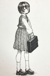 Rule 34 | 1girl, absurdres, blush, bow, bowtie, briefcase, closed mouth, full body, greyscale, highres, holding, loafers, long sleeves, looking at viewer, mashimashi, monochrome, original, pleated skirt, school uniform, shoes, short hair, skirt, socks, solo, standing, traditional media