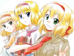 Rule 34 | 00s, 3girls, :3, alice margatroid, ascot, axis powers hetalia, belgium (hetalia), blonde hair, blue eyes, book, breasts, clone, color connection, crossover, dress, green eyes, grimoire, grimoire of alice, hair ribbon, large breasts, look-alike, military, military uniform, multiple crossover, multiple girls, natalia luzu kimlasca lanvaldear, necktie, orange ascot, ribbon, short hair, smile, supon, tales of (series), tales of the abyss, touhou, uniform, v, white background