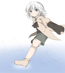 Rule 34 | androgynous, bad id, bad pixiv id, boots, bow, brown coat, coat, gender request, grey eyes, houlen yabusame, jandare, len&#039;en, short hair, short hair with long locks, shorts, silver hair, smile, solo