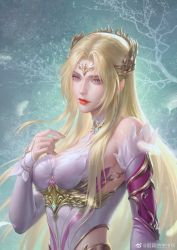 Rule 34 | 1girl, armor, armored dress, bare shoulders, blonde hair, douluo dalu, dress, expressionless, green background, hair ornament, head tilt, highres, li ying de chongchong a, long hair, looking to the side, qian renxue (douluo dalu), solo, upper body, white dress
