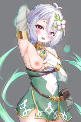 Rule 34 | 1girl, armpits, breasts, bridal gauntlets, craig (2980ct), dress, flower, hair flower, hair ornament, highres, kokkoro (princess connect!), nipples, one breast out, petticoat, pink eyes, pointy ears, presenting armpit, princess connect!, short hair, slip showing, small breasts, solo, white hair