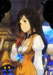 Rule 34 | 1boy, 1girl, 1other, absurdres, axe, black eyes, black hair, blonde hair, blurry, blurry background, bodysuit, breasts, choker, cleavage, final fantasy, final fantasy ix, finger to mouth, garnet til alexandros xvii, gloves, hat, highres, jewelry, long hair, monkey tail, okuto, orange bodysuit, pendant, profile, shield, short hair, small breasts, sword, tail, vivi ornitier, weapon, zidane tribal
