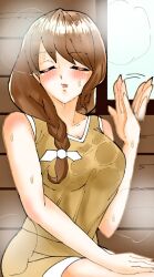 Rule 34 | 1girl, alternate costume, bare shoulders, breasts, brown hair, cleavage, closed eyes, fanning self, fire emblem, fire emblem engage, goldmary (fire emblem), hot, large breasts, nintendo, open mouth, ribboncute0062, sauna, solo, sweat