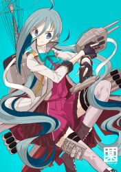 Rule 34 | 1girl, aqua background, black gloves, blue eyes, blue hair, boots, boushi-ya, bow, coat, cross-laced footwear, gloves, grey hair, grey thighhighs, hair between eyes, hair ribbon, holding, kantai collection, kiyoshimo (kancolle), kiyoshimo kai ni (kancolle), lace-up boots, long hair, long sleeves, multicolored hair, open clothes, open coat, partially fingerless gloves, ribbon, rigging, shirt, simple background, skirt, solo, thighhighs, torpedo, torpedo tubes, twitter username, white ribbon, white shirt