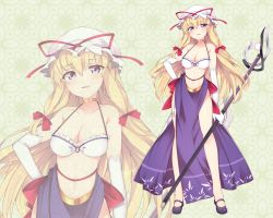 Rule 34 | 1girl, bare shoulders, bikini, bikini top only, black footwear, blonde hair, blush, bow, breasts, cleavage, commentary request, elbow gloves, gloves, hair between eyes, hair bow, halterneck, haruyuki (yukichasoba), hat, hat ribbon, holding, long hair, looking at viewer, mary janes, medium breasts, mob cap, open mouth, pelvic curtain, purple eyes, red bow, red ribbon, ribbon, shoes, sidelocks, smile, standing, swimsuit, touhou, white bikini, white gloves, white hat, yakumo yukari, zoom layer