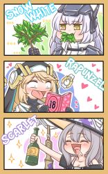 Rule 34 | 3girls, 3koma, :d, ^ ^, black gloves, black shirt, blonde hair, blush, bottle, branch, breasts, character name, cleavage, closed eyes, comic, commentary, covered collarbone, eating, english commentary, gloves, goddess of victory: nikke, grey hair, guin guin, hair between eyes, heart, highres, holding, holding bottle, holding branch, jacket, long hair, medium breasts, multiple girls, open mouth, pornography, rapunzel (nikke), scarlet (nikke), shirt, smile, snow white (nikke), sparkle, tongue, tongue out, veil, very long hair, white jacket, yellow eyes