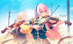 Rule 34 | 2girls, absurdres, black shirt, blue nails, blurry, blurry background, bow (music), breasts, detached sleeves, headphones, highres, holding, holding instrument, ia (vocaloid), instrument, long hair, luka, megurine luka, multiple girls, music, nail polish, navel, outdoors, playing instrument, power lines, shirt, sky, smile, songjiangcc, upper body, very long hair, violin, vocaloid