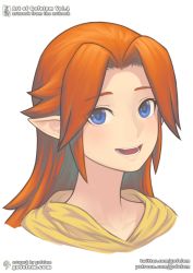 Rule 34 | 1girl, blue eyes, brown hair, commentary, gofelem, long hair, looking at viewer, malon, nintendo, open mouth, pointy ears, simple background, smile, solo, the legend of zelda, the legend of zelda: ocarina of time, white background