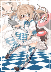 Rule 34 | 1girl, adapted turret, bespectacled, black footwear, blue-framed eyewear, checkered clothes, checkered floor, checkered legwear, checkered skirt, compass, enemy lifebuoy (kancolle), full body, fyuo, glasses, hair bun, highres, kantai collection, light brown hair, loafers, michishio (kancolle), puffy short sleeves, puffy sleeves, semi-rimless eyewear, shoes, short hair, short sleeves, short twintails, skirt, solo, twintails, two-tone dress, under-rim eyewear, yellow eyes, zoom layer