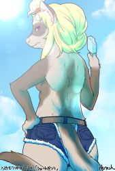 Rule 34 | 1girl, breasts, copyright request, female focus, furry, furry female, green hair, highres, long hair, mongoose, no shirt, outdoors, shorts, sky, solo, translation request, yukaran nosuke