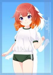 Rule 34 | 1girl, alternate costume, artist name, blue background, braid, buruma, character name, chinese commentary, commentary, cowboy shot, english commentary, etorofu (kancolle), gradient background, gradient hair, green buruma, gym shirt, gym uniform, highres, inaba shiki, kantai collection, looking at viewer, mixed-language commentary, multicolored hair, orange hair, paid reward available, purple eyes, red hair, shirt, short hair, smile, solo, standing, t-shirt, twin braids, white shirt