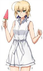 Rule 34 | 1girl, ahoge, alternate costume, artoria pendragon (all), artoria pendragon (fate), blonde hair, blue ribbon, braid, closed mouth, collared dress, commentary, cowboy shot, dress, fate/stay night, fate (series), food, french braid, green eyes, hair ribbon, highres, holding, holding food, looking at viewer, motion lines, omachi (slabco), popsicle, ribbon, saber (fate), short dress, short hair, simple background, sleeveless, sleeveless dress, smile, solo, standing, w arms, watermelon bar, white background