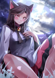 Rule 34 | 1girl, absurdres, animal ears, breasts, brooch, brown hair, closed mouth, dress, fingernails, grass, hand on own chest, highres, imaizumi kagerou, jewelry, long fingernails, long hair, long sleeves, mahoro (minase mahoro), monster girl, nail polish, night, orange brooch, outdoors, red eyes, red nails, short dress, sitting, small breasts, smile, touhou, white dress, wide sleeves, wolf ears