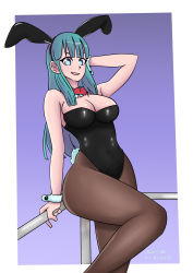 Rule 34 | 1girl, absurdres, animal ears, aqua hair, arm support, arm up, artist request, bare arms, bare shoulders, black leotard, blue background, blue eyes, blunt bangs, bow, bowtie, breasts, brown pantyhose, bulma, cleavage, covered navel, curvy, detached collar, dragon ball, dragon ball (classic), fake animal ears, fence, gradient background, highres, large breasts, leotard, long hair, looking at viewer, naughty face, neck, open mouth, pantyhose, playboy bunny, rabbit ears, rabbit tail, red bow, red bowtie, sitting, smile, solo, standing, standing on one leg, straight hair, strapless, strapless leotard, thick thighs, thighs