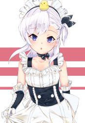 Rule 34 | 1girl, aged down, animal, animal on head, apron, azur lane, bare shoulders, belfast (azur lane), bird, bird on head, black ribbon, blush, bow, braid, breasts, chestnut mouth, chick, collarbone, dress, elbow gloves, gloves, hair ribbon, highres, maid headdress, on head, one side up, parted lips, purple eyes, ribbon, silver hair, siroimo0828, small breasts, solo, white apron, white bow, white dress, white gloves