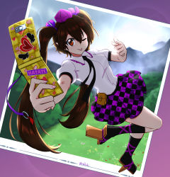 Rule 34 | 1girl, absurdres, black necktie, black skirt, black socks, breasts, brown eyes, brown hair, cellphone, character name, checkered clothes, checkered skirt, collared shirt, full body, geta, hat, highres, himekaidou hatate, holding, holding phone, long hair, medium breasts, missing textures, necktie, one eye closed, phone, puffy short sleeves, puffy sleeves, purple hat, purple skirt, rakkidei, shirt, short sleeves, skirt, socks, solo, tengu-geta, tokin hat, tongue, tongue out, touhou, twintails, very long hair, white shirt