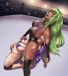 Rule 34 | 2girls, artist request, ass, bare shoulders, barefoot, bikini, breasts, catfight, cleavage, commission, defeat, face in ass, femdom, grabbing, grabbing another&#039;s breast, green hair, large breasts, long hair, multiple girls, navel, original, pixiv commission, purple eyes, purple hair, red eyes, sitting, sitting on face, sitting on person, swimsuit, tagme, thighhighs, wrestling